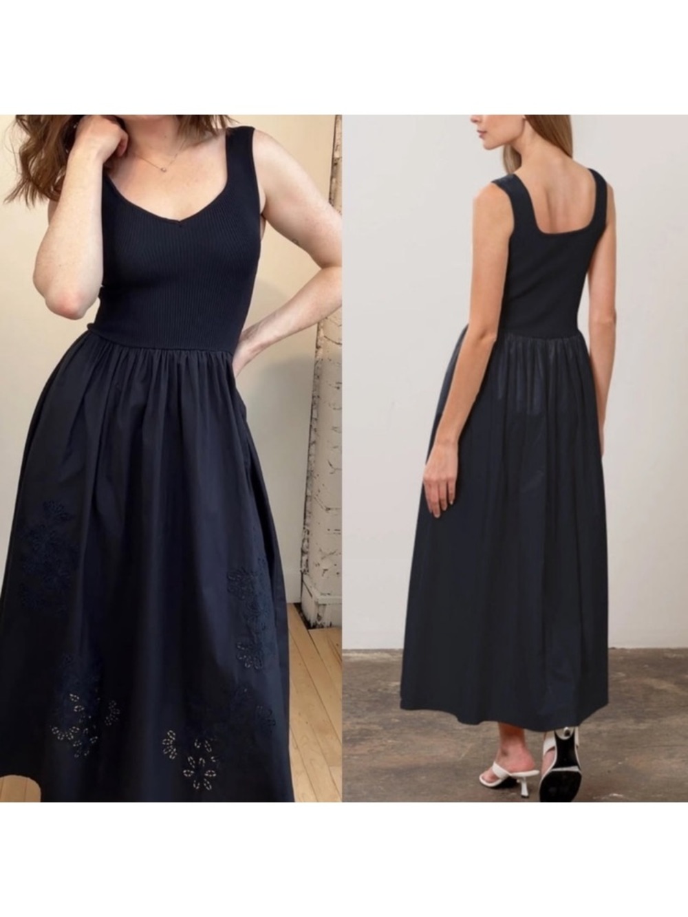 NWOT Moon River Midi Dress Knit Bodice Eyelet Skirt Cotton Black Size Medium